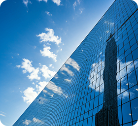 Corporate building with blue glass facade