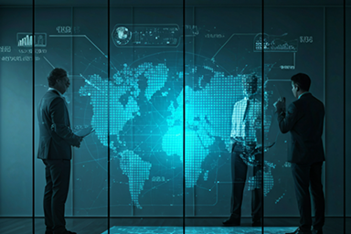 Global mobility discussion in front of a world map